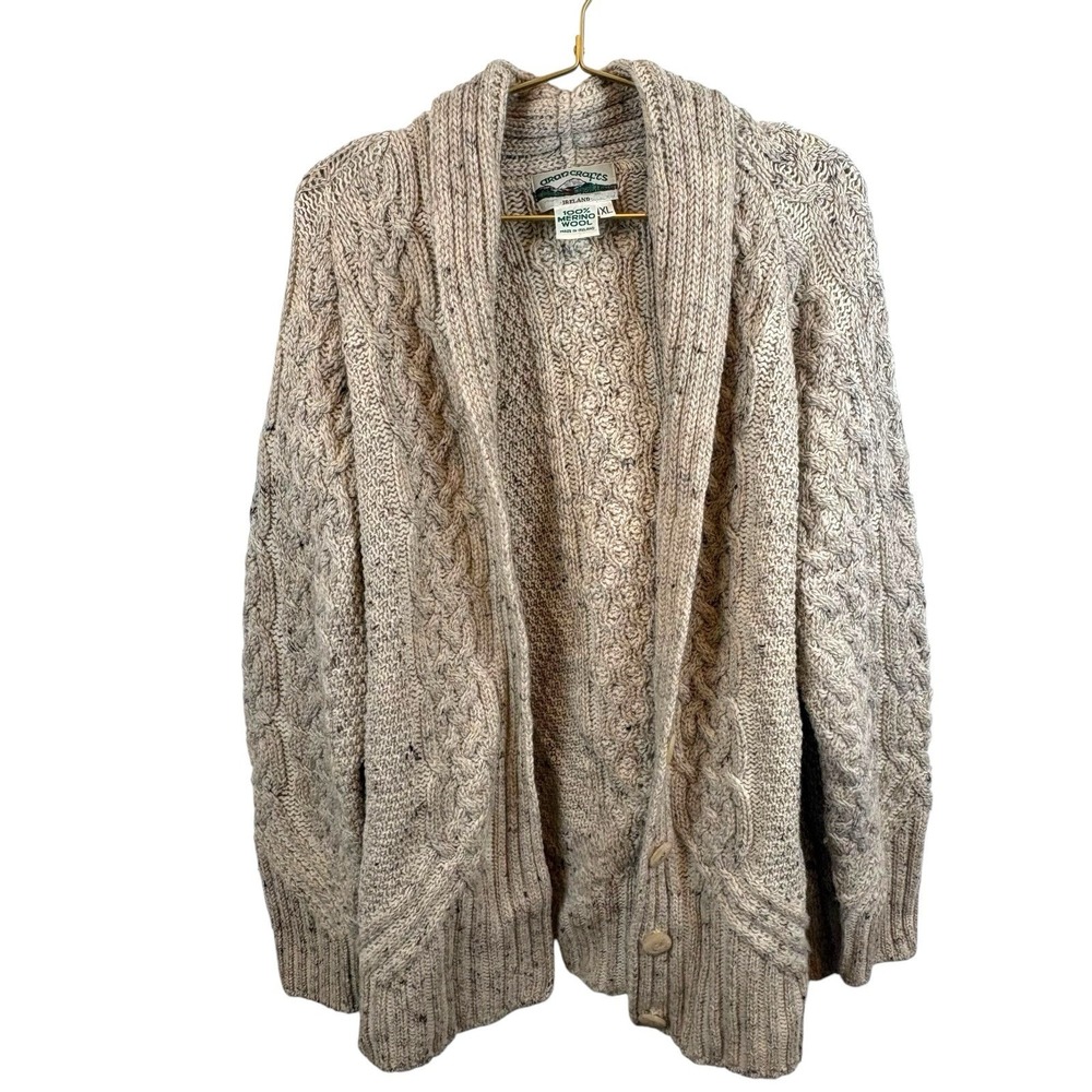 Aran Crafts Ireland 100% Merino Wool Made n Ireland Cardigan Tan Sweater Size XL